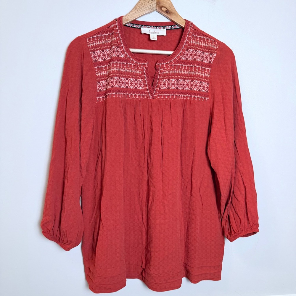 Nature by Westbound Boho Peasant Top M Embroidered Rayon Tunic Rustic Orange